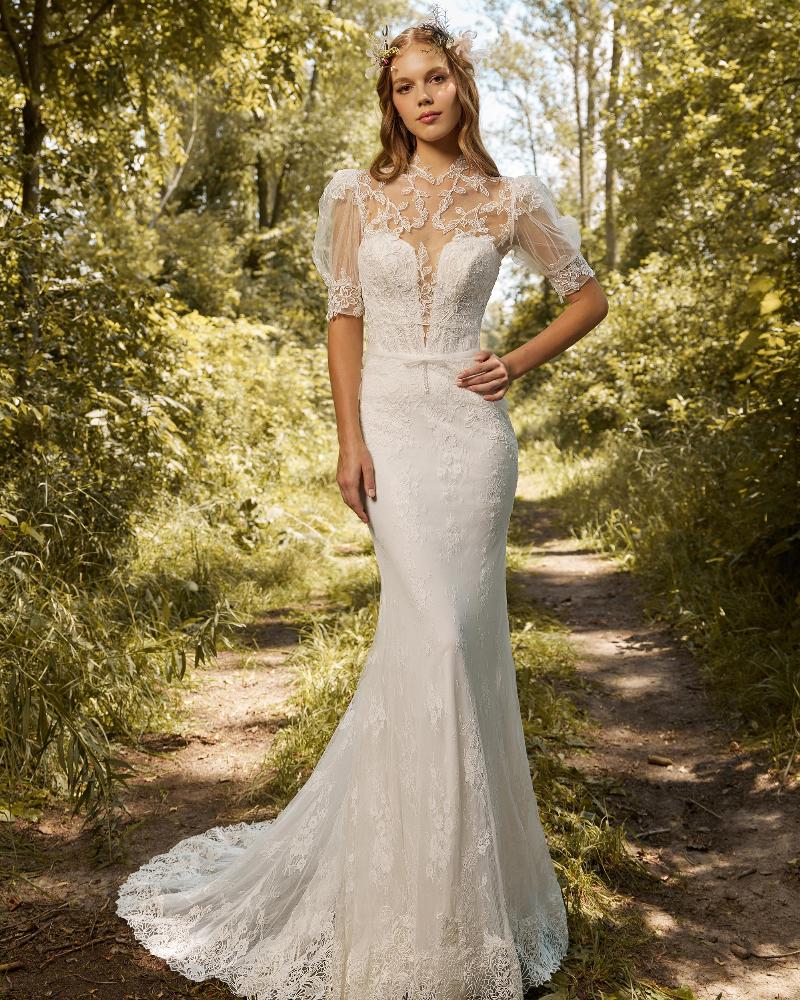 Lp2208 strapless sheath wedding dress with lace and sweetheart neckline1